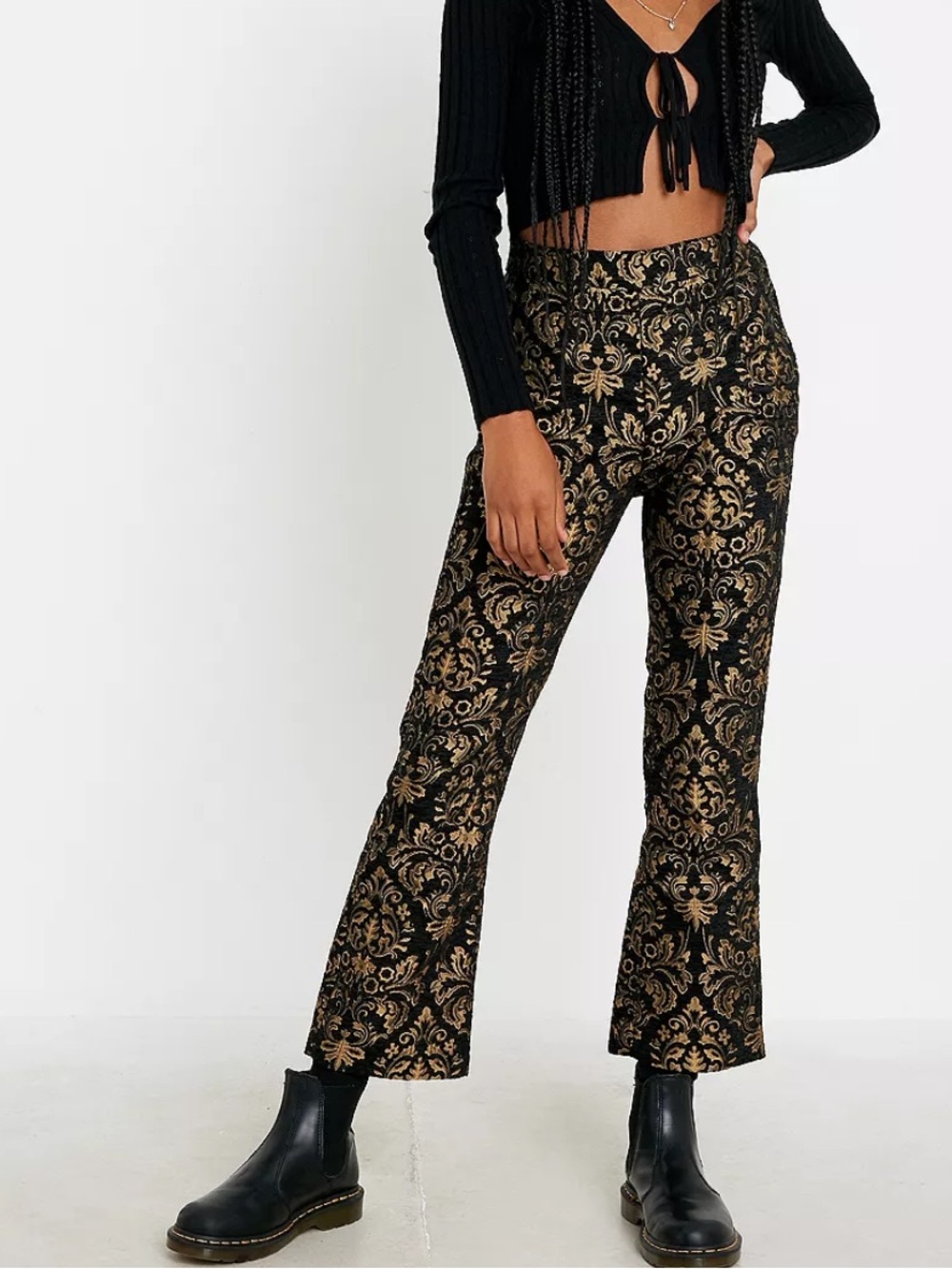 Urban Outfitters Nicky Black Gold Jacquard Flare Pants Size 12